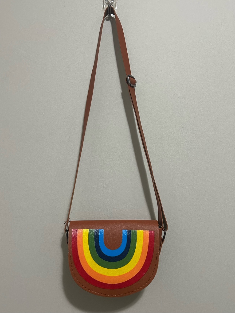 Brown Crossbody Saddle Bag with Rainbow Accent